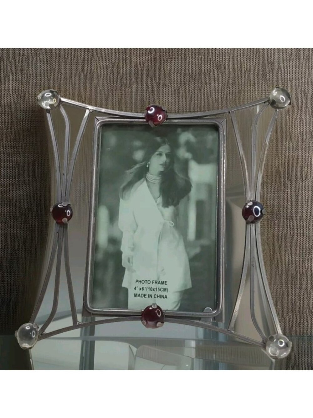 Geometric Metal Frame Art deco with Red & Clear Stones on frame 7 3/4'' x 7...